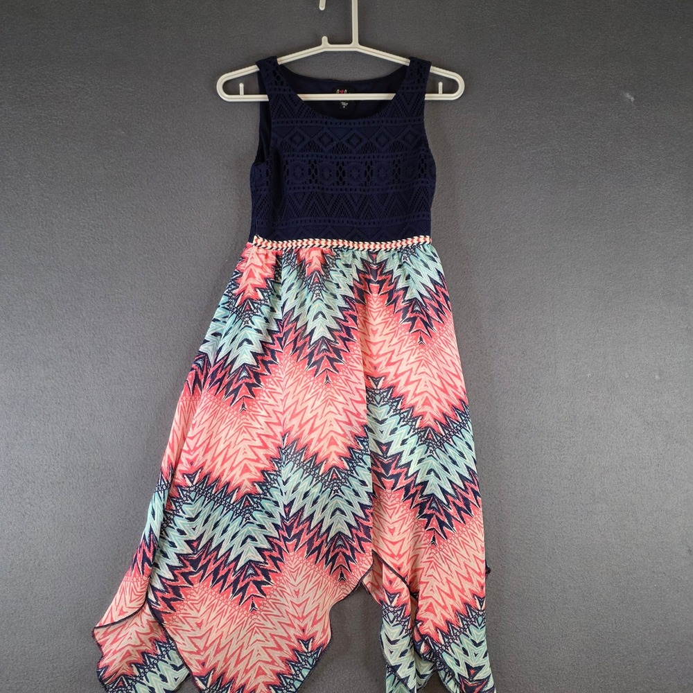 Lilt Dress Girls 8 Navy Blue Coral Zigzag Crochet Lace Sharkbite Hem Maxi